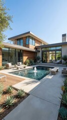 Fototapeta premium Modern home exterior with pool and seating in sunny landscape