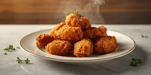 Chicken pieces in crispy batter ready for serving, highlighting fried food texture