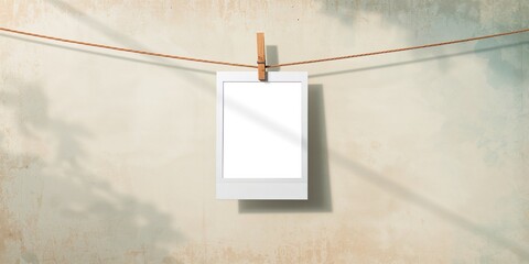 Paper photo frame hanging on clothesline against a grunge background, suitable for visual layout backgrounds