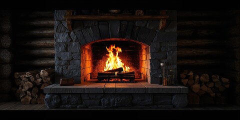 Obraz premium Interior scene featuring a stone fireplace with a glowing fire, used as a focal point in living room layout, Winter Holiday