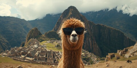 Fototapeta premium Llama pacos with humorous expression beside Vinicunca, highlighting high-altitude landscape in the Andes