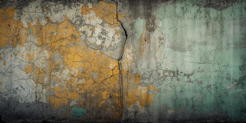 Old cracked yellow green paint on cement wall, urban decay and weathering