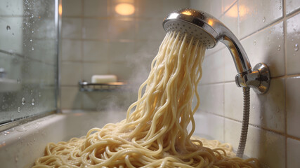 A man is washing his car with a water gun, but noodles are coming from it. 