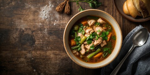 Chicken vegetable soup with toasted bread, highlighting a balanced and wholesome homemade meal for wellness