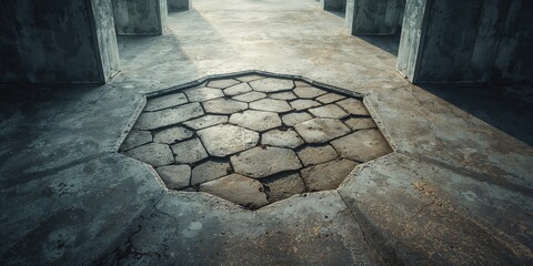 Patterned hexagonal concrete surface serving as a visually appealing roadway pavement, city planning element