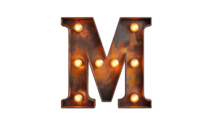 Large Rusty Marquee Letter M with Light Bulbs illuminated isolated on a transparent background
