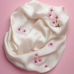 Lustrous pink silk fabric and delicate lace decoration create a romantic background for a wedding celebration featuring roses, sweet desserts, and a beautiful bride's dress