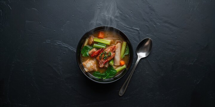 Filipino Sinigang, pork meat soup with daikon and spinach served in a black bowl, emphasizing Asian culinary practices, Asian Cuisine Appreciation Day