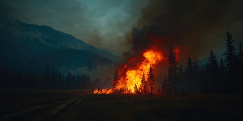 Fototapeta premium Forest wildfire releases smoke and fine particles, air quality considerations