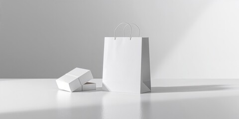 White paper shopping bag alongside jewelry box displayed for branding mockups, ideal for visual layout purposes