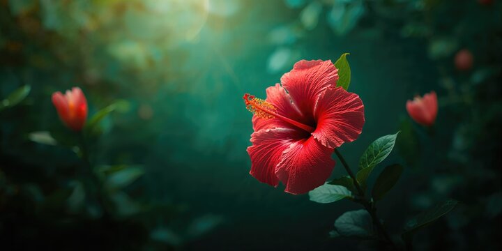 Coral hibiscus and Japanese lantern plants in a lush garden setting, decorative flowering plants for landscape design