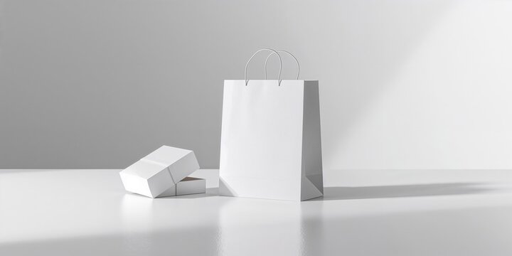 White paper shopping bag alongside jewelry box displayed for branding mockups, ideal for visual layout purposes