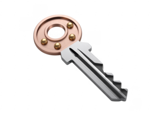 Metal key with rose gold and gold details isolated on a transparent background