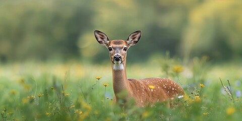 White-tailed deer making eye contact in a meadow, wildlife observation