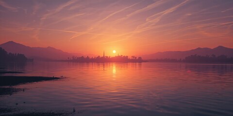 Serene lake scene at sunset with distant mountains and village, orange sky with jet trails, birds resting on water surface, seasonal change