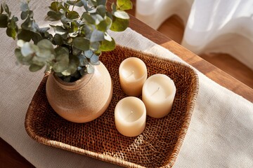 Styled Table Vignette with Rattan Tray, Candles, and Eucalyptus on Mud Cloth with Warm Light