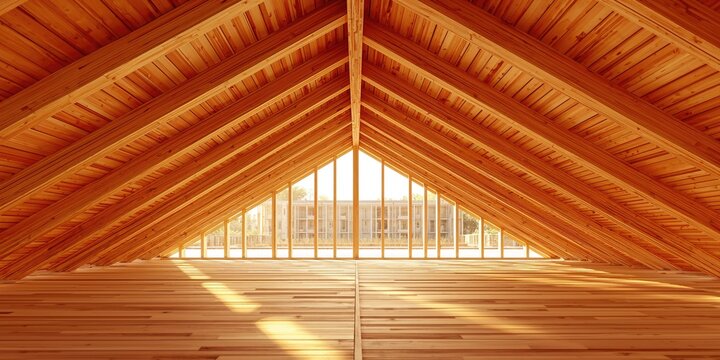 Laminated timber rafters forming a wooden roof structure for eco-friendly building, Earth Day