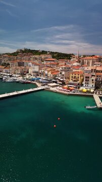 Aerial View of Calvi Waterfront Marina and Colorful Cafes in Corsica France