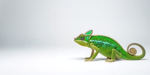 Fototapeta premium Juvenile veiled chameleon with vibrant green coloration resting on foliage, highlighting natural adaptation