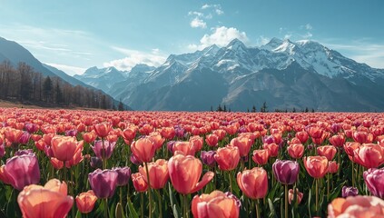 Vivid tulip garden in front of snowy mountain range, floral display for spring scenes
