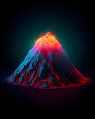 Vibrant Abstract Volcano Eruption: Neon Blue Slopes and Fiery Red Lava Against Dark Background