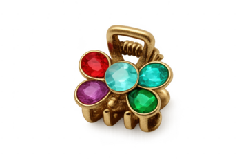 Gold flower hair clip with colorful gemstones on transparent background