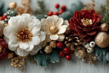 Christmas decorative frame border with white background featuring festive pine, berries, and ornaments