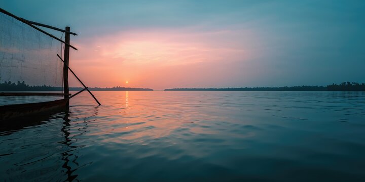Chinese fishing net over Kerala backwaters near cochin and allepey during pre-monsoon season, maritime craft