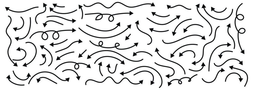 Collection of hand drawn doodle arrows with curved lines. Black thin line arrows indicating different direction. Doodle arrows isolated on white background.