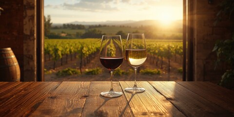 A winery setting with full glasses of red and white wine near a window, highlighting wine tasting environment
