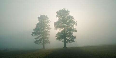 Misty woodland with faint trees emerging through fog, emphasizing a tranquil and enigmatic setting for editorial headers