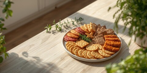 Crackers spread across a plate from a top-down perspective, ideal for food layout backgrounds