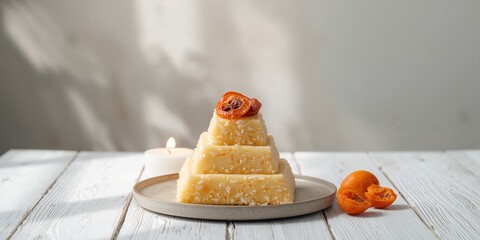 Traditional cottage cheese Easter paskha with dried apricot on a white wooden table, suitable as a holiday table centerpiece