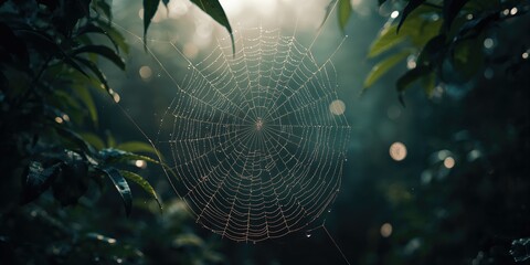 Spider web with dew droplets suspended on dark leaves, highlighting seasonal moisture levels