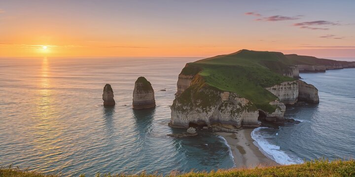 Tall green grassy cliffs overlooking the ocean in northern Spain at sunset, erosion risk and natural preservation