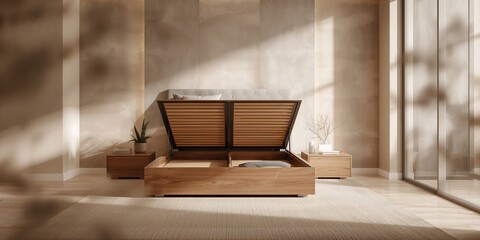 Bed with storage space serving as a bedroom organization solution, practicality and space efficiency