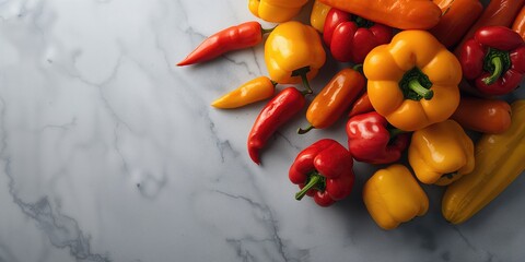 Vibrant red, orange, and yellow sweet peppers on a background illustrating healthy eating choices, World Food Day