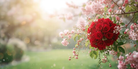 Spring floral decorations showcasing diverse flower arrangements and a bright red roses bouquet, seasonal floral display