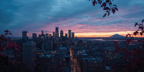 Wide-angle cityscape of downtown during sunset, focusing on architectural diversity and urban density, Earth Day