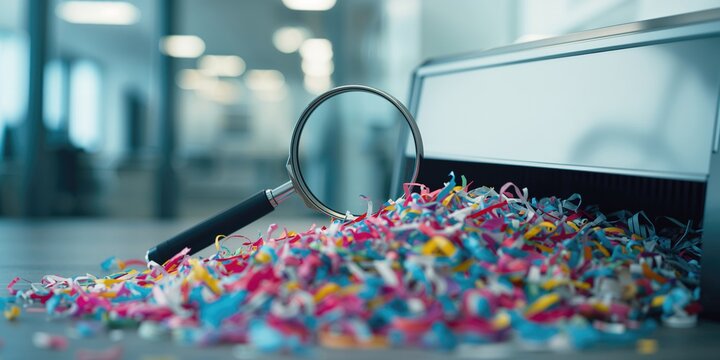 Macro shot of shredded paper beneath a magnifying glass, emphasizing document security analysis
