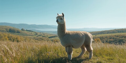 Fototapeta premium Llama resting on a mountain slope, suitable as a rural environment backdrop for text or design elements