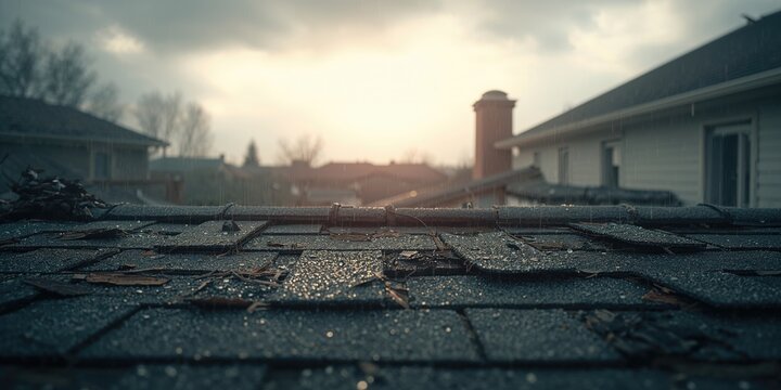 Storm-damaged roof with exposed areas, highlighting maintenance needs