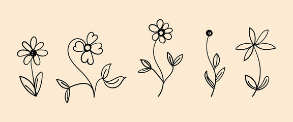 collection of five distinct hand-drawn illustrations of flowers and botanical stems, presented in a minimalist doodle style. 