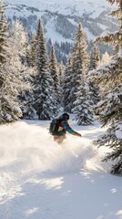 Snowboarder Navigates Fresh Powder in Winter Wonderland Landscape