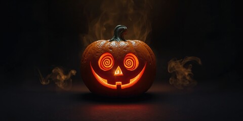 Halloween jack-o'-lantern with a puzzled expression and spiral eyes, candlelit night scene, seasonal decoration
