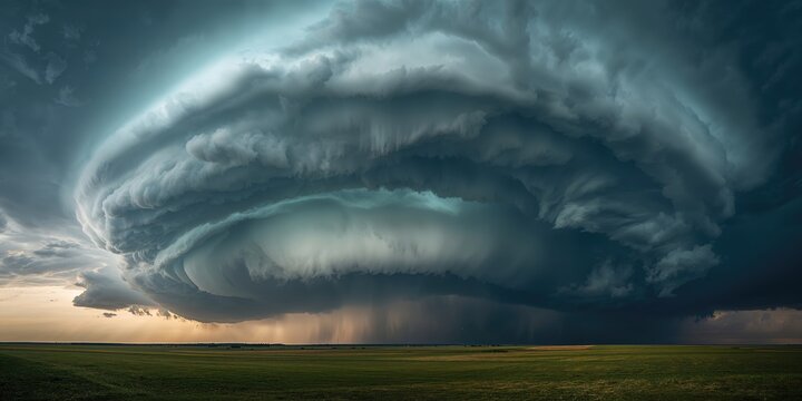 Scenic landscape featuring a low precipitation supercell mesocyclone with notable wall cloud formations, severe weather monitoring