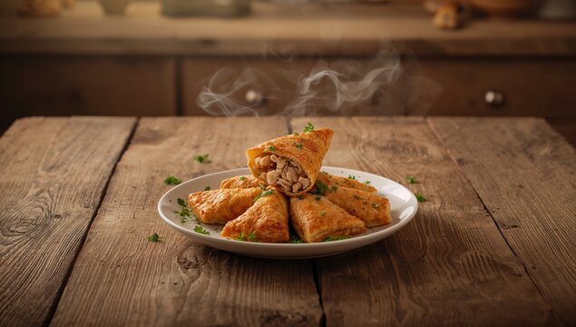 Traditional Tatarian echpochmak served on a rustic wooden surface, highlighting cultural cuisine