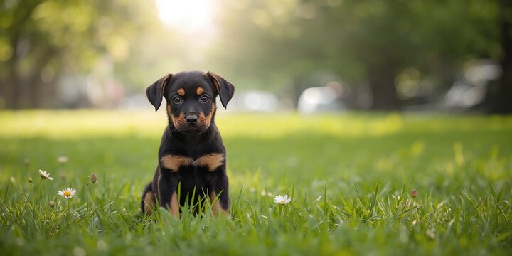 Portrait of a two-month-old German Drathaar puppy outside the city, early socialization challenges, Earth Day