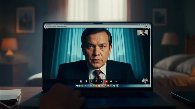 Serious businessman on video call during remote work session in home office