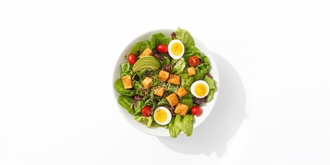 Green salad with avocado, crouton and egg prepared for balanced diet, highlighting wholesome food choices